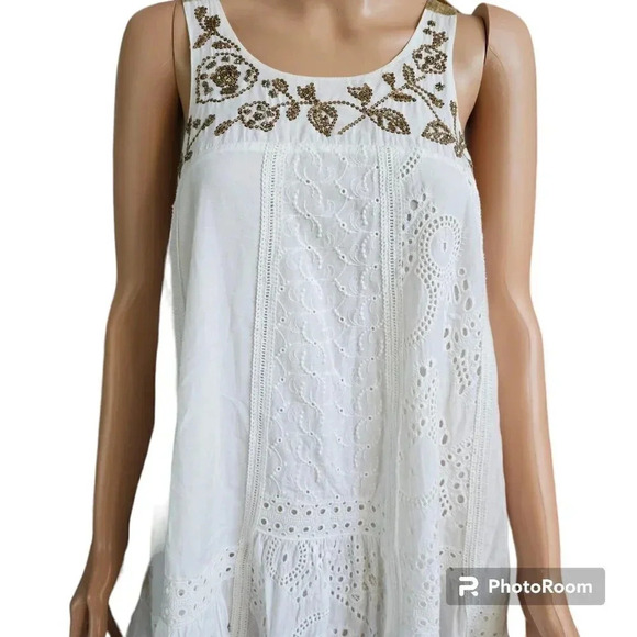 Anthropologie Leifnotes White Eyelet Gold Trim Beaded Sleeveless Dress Size 4 - Picture 11 of 16